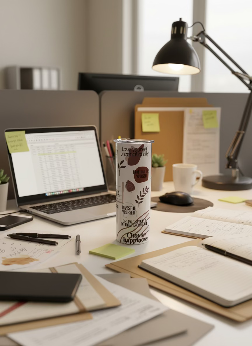 A multicolored affirmation tumbler with various inspirational quotes and a heartbeat line graphic design.